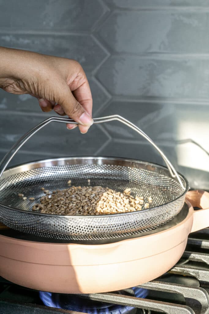 cooking farro in boiling water in always pan