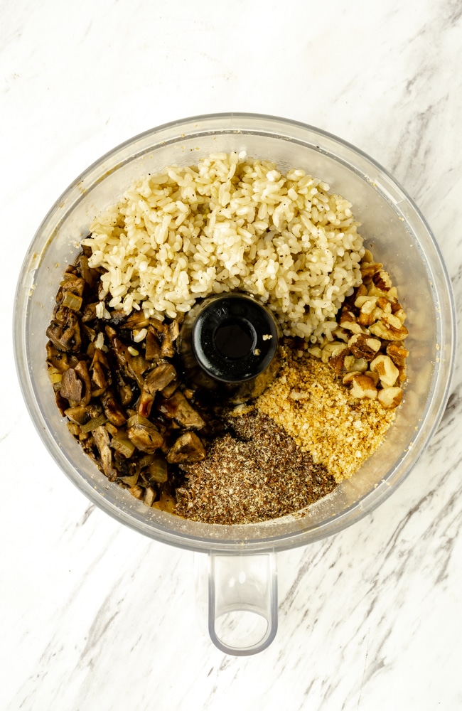 brown rice, cooked mushrooms, bread crumbs, walnuts, onions, flax seeds.