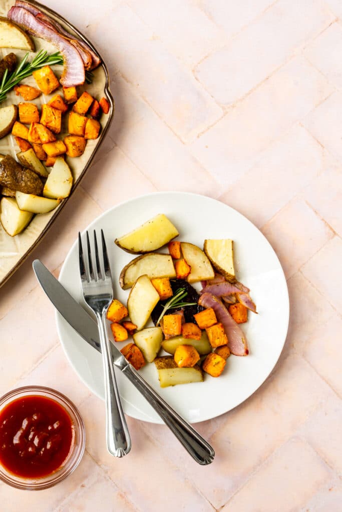 roasted vegetable recipe with white plate and ketchup