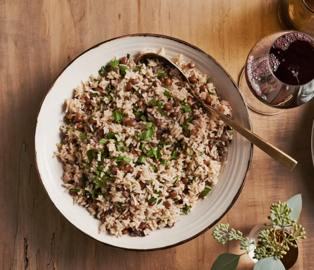 sweet coconut rice and pigeon peas made by Ayesha Curry for Bon Appetit